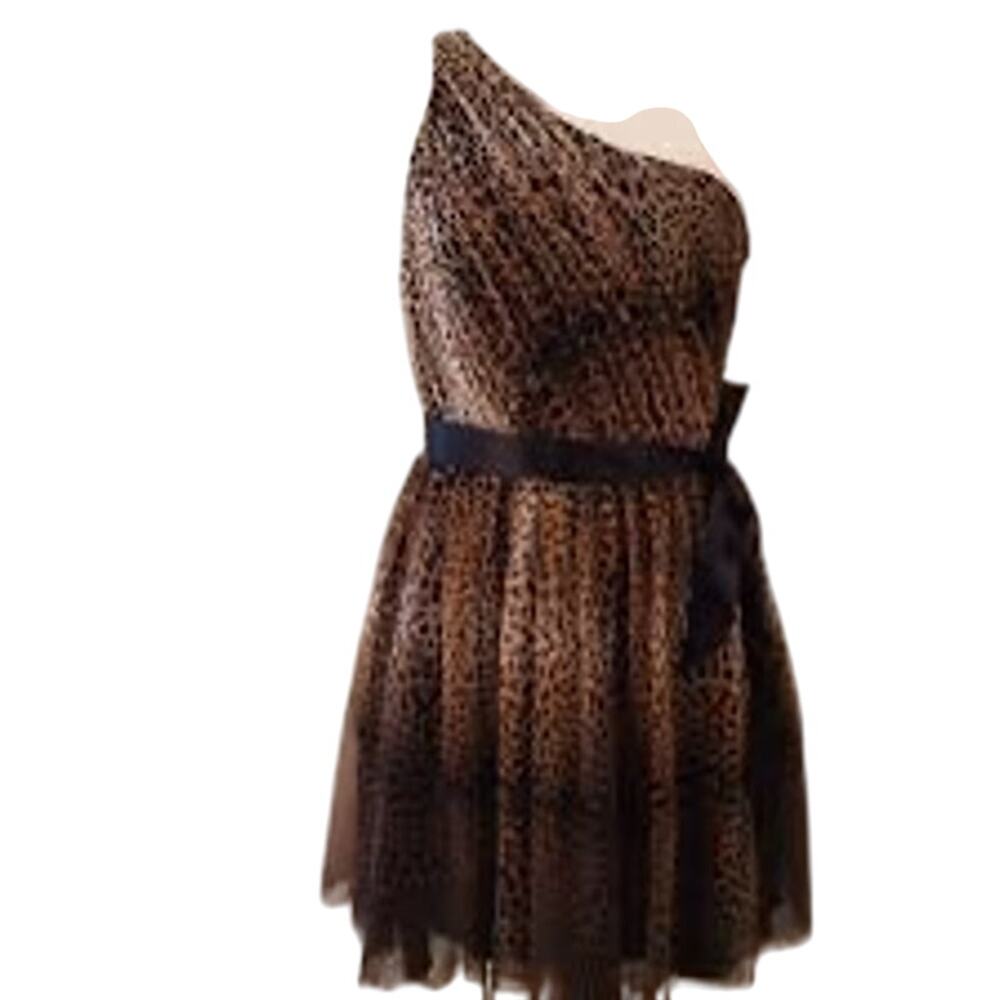 Adrianna Papell Leopard One Shoulder Evening Mini Party Dress Size 14 Brown